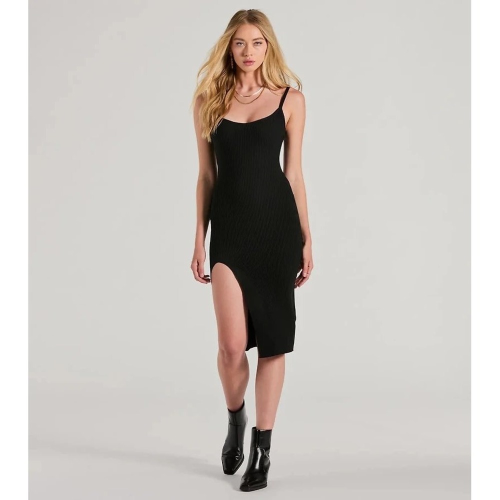 Windsor Black Ribbed Knit Midi Dress V-Neck‎ Spaghetti Strap High Slit basic